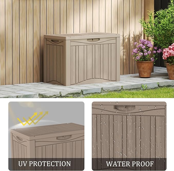Outdoor Storage Box, 50 Gallon Plus Resin Deck Box Waterproof for Patio, Poolside and Garden, Lockable UV-Resistant Storage Bin Bench Cabinet for Small Spaces, Grey