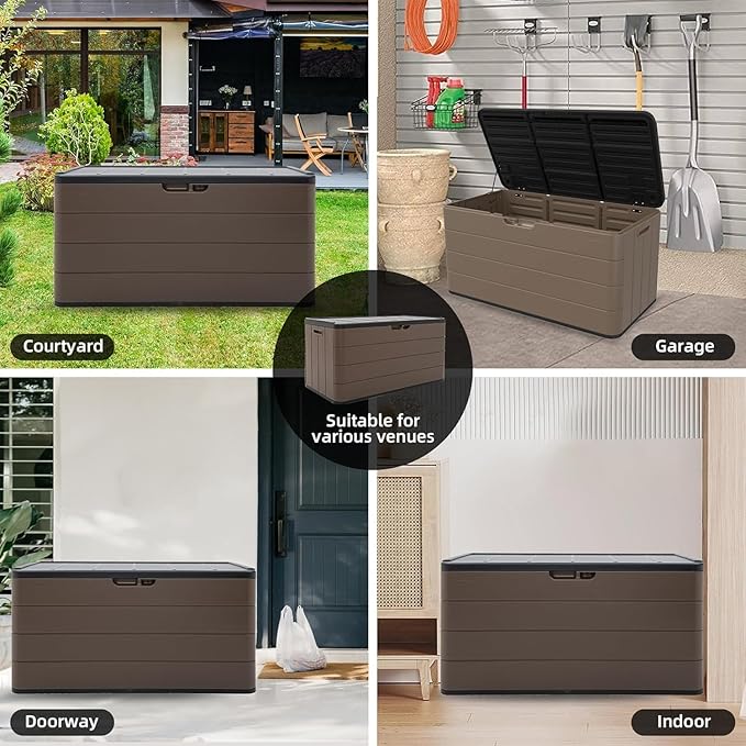 Outdoor Storage Deck Box Waterproof, 100 Gal Pro Large Lockable Patio Storage Bin Chest, Resin Outside Container Seat Bench for Furniture Cushions, Pool Accessories, Garden Tools & Delivery, Brown