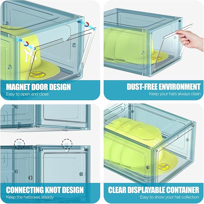 Hat Organizer Box, Stackable Clear Baseball Caps Holder Box Containers with Magnetic Door for Hats Snapback Cap Storag, Hat Rack Display Case, Holds 8 Hats Each (Blue, 2 Pack)