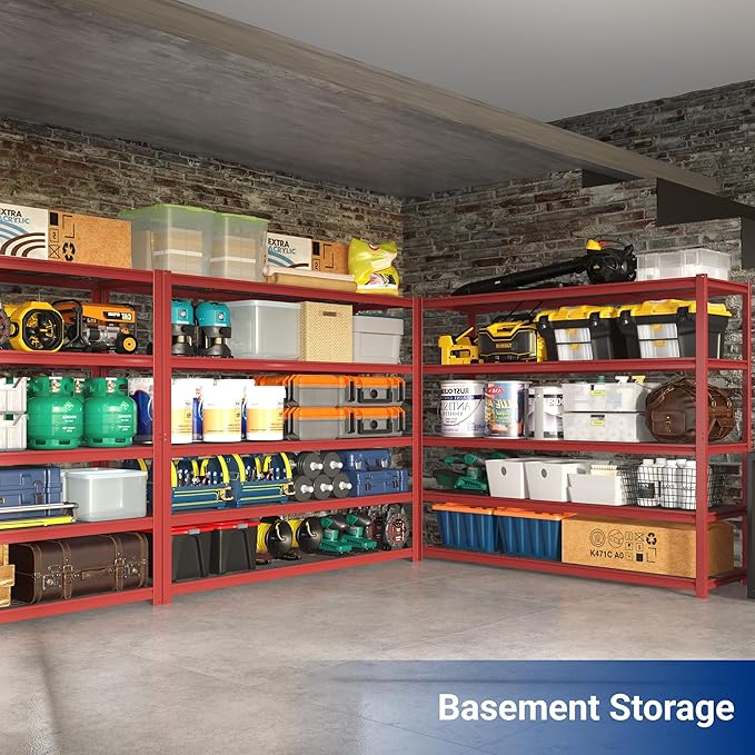 FLEXIMOUNTS 60" W Garage Shelving, 5 Tier Storage Shelves Load 1500LBS, Adjustable Garage Shelving Heavy Duty, Metal Shelves Unit for Basement, Warehouse, 60" W x 72" H x 24" D, Red
