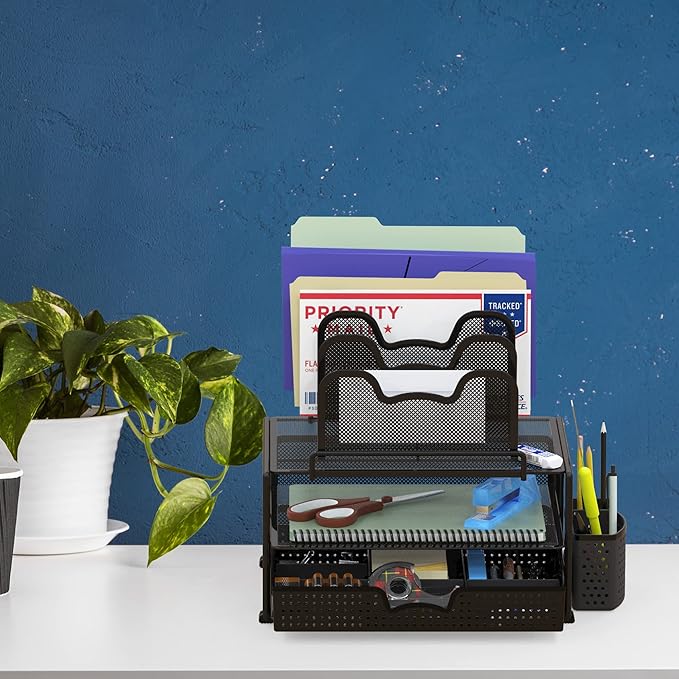 Simple Houseware Mesh Desk Organizer with Sliding Drawer, Double Tray and 5 Stacking Sorter Sections, Black