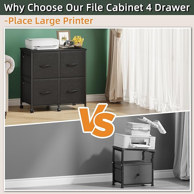 4 Drawer Lateral File Cabinet, Mobile Filing Cabinet for Large Printer, Home Office Functional Small Office Storage Cabinet & Printer Stand, Fits Letter/A4, Black