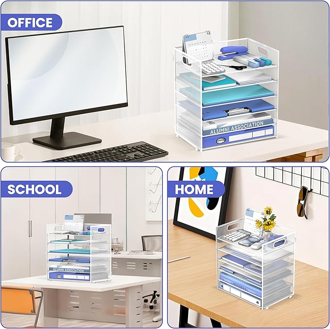 Daltack 6 Tier Paper Organizer for Desk, Paper Letter Tray Organizer for Desks, Mesh Desk File Organizers with Handle for Office, Home, School, White