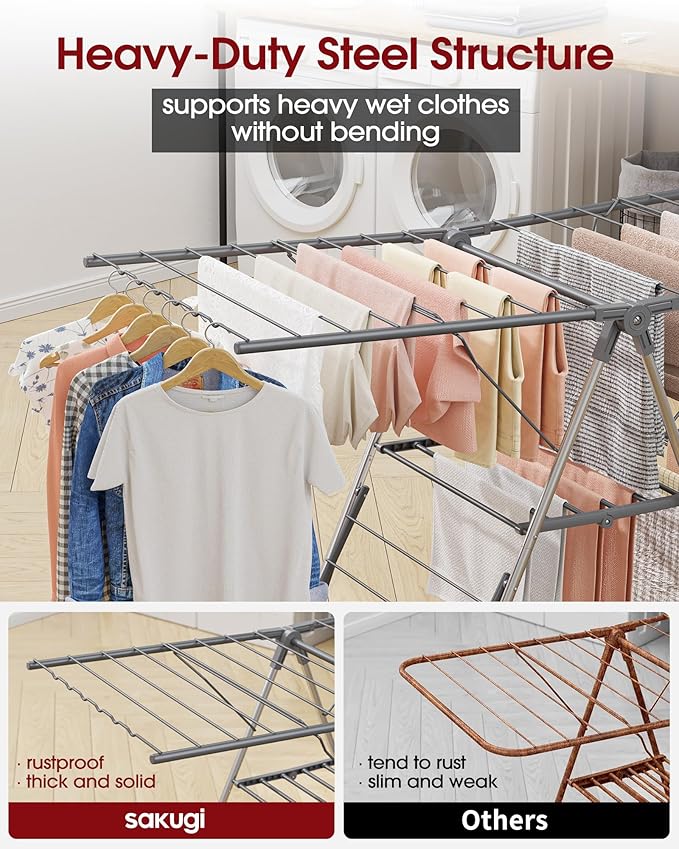 Clothes Drying Rack, Foldable 2-Level Laundry Drying Rack with Height-Adjustable Wings, for Clothing & Bedding, Free-Standing Space-Saving Rack, Indoor & Outdoor, 55.5" L × 22.8" W, Gray