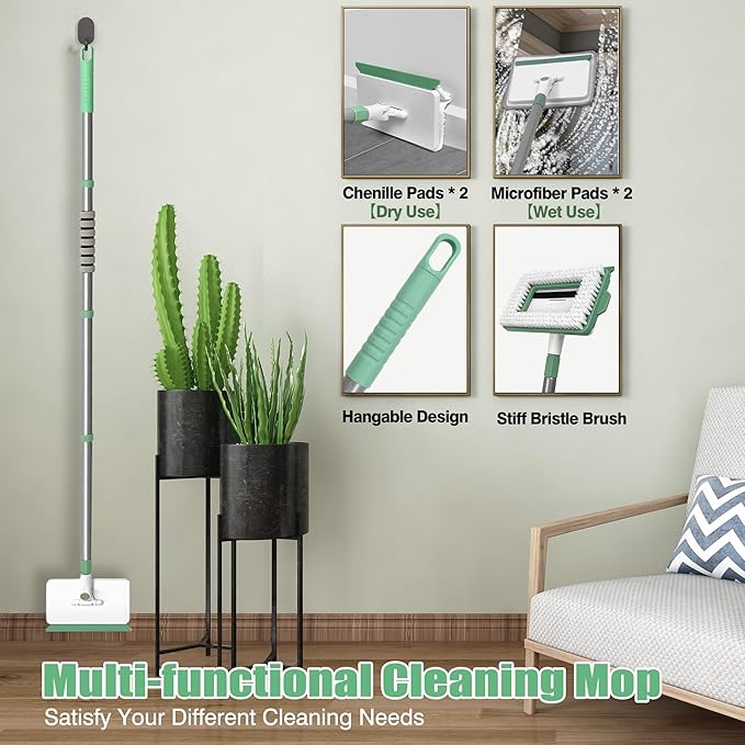 Baseboard Cleaner Tool with Handle, Wall Cleaner Mop with 54.7'' Adjustable Long Handled 1 Scrubber Brush Mop Head and 4 Reusable Cleaning Pads for Baseboards Cleaning, Ceiling, Skirting Board