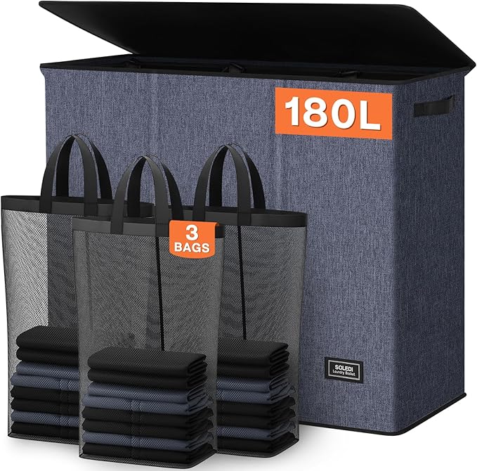 SOLEDI 180L 3-Section Laundry Hamper with Lid, Extra Large Dirty Clothes Basket with Sturdy Handles for Laundry Room & Bedroom - Durable Organizer for Sorting Laundry