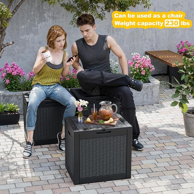 ROJIK 30Gallon Outdoor Storage Box - Waterproof Patio Furniture Deck Box, Garden Tools, Cushions, Pool Accessories Storage Bench with Lockable Lid and Side Handles (Black Rattan, 30 Gal)