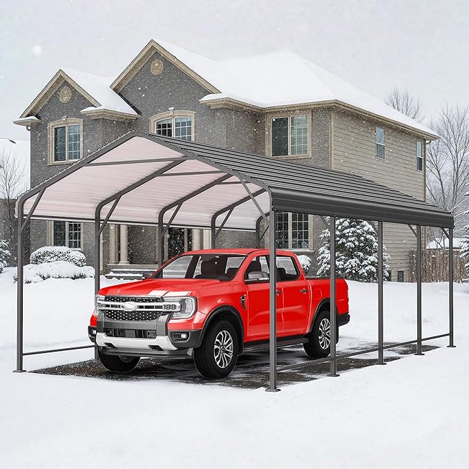 Wisteria Lane 12x20FT Metal Carport, Heavy Duty Carport Canopy with Reinforced Frame and Base for All-Weather, Outdoor Garage Car Port for Boats, Tractors, Pickup Trucks or Party, Dark Gray
