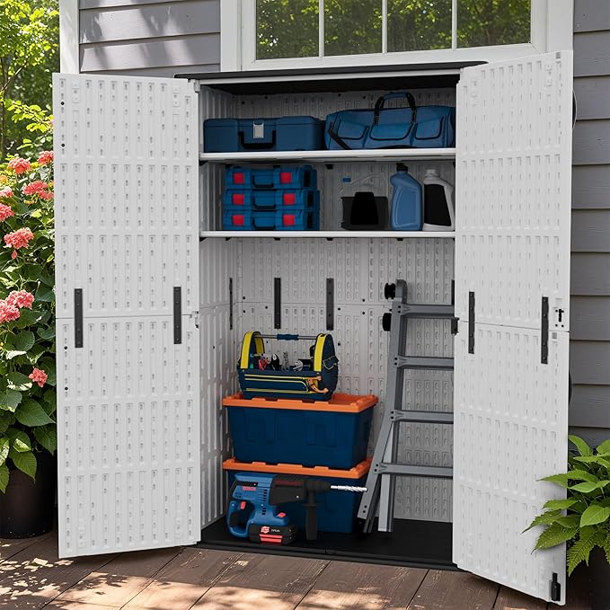 Greesum Outdoor Storage Cabinet, 50 CUFT Deck Box Without Shelves, Waterproof Plastic Storage Shed for Patio Cushions, Gardening Tools, Lockable and Sidehandles, UV Resistant, White