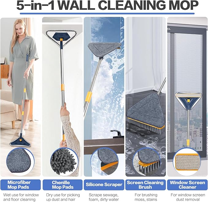 80" Wall Cleaner Mop with Long Handle, Sunoyar 5-in-1 Walls Washer for Baseboard Duster Ceiling Painted Wall, 360°Rotation Wall Cleaning Tool Kit with Squeegee Chenille Microfiber Pad Brush Scraper