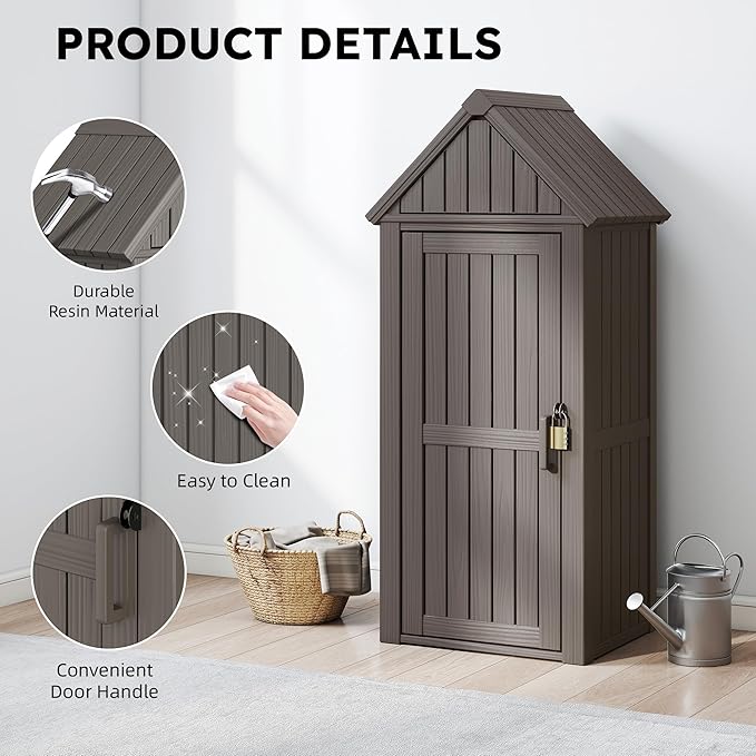 Outdoor Storage Shed - Waterproof Resin Outdoor Storage Cabinet with Removable Shelves & 12 Hooks, Lockable Storage for Garden Tools, Grilling Supplies, Classic Gray