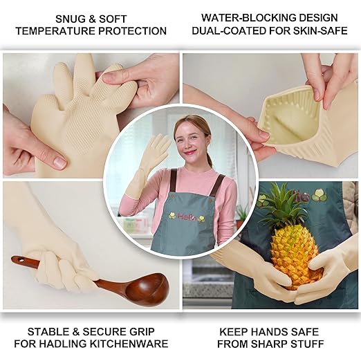 Mamison 2 Pairs Reusable Waterproof Household Dishwashing Cleaning Rubber Gloves, Non-Slip Kitchen Glove (Ivory, Large (Pack of 2))