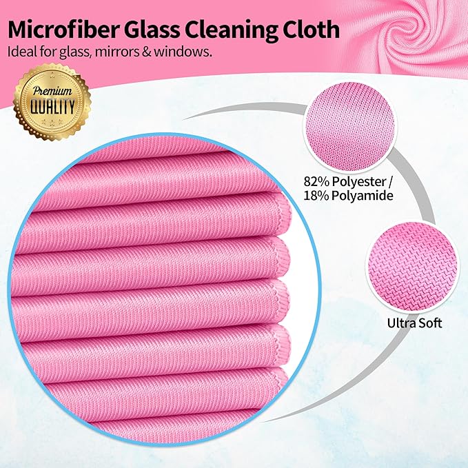 HOMERHYME Microfiber Cleaning Cloth - 10 Pack Glasses Cleaning Cloth, 16" x 14" Window Cleaning Rags, Streak Free Lint Free Polishing Cloths Wipes for Eye Glass, Stainless Steel, Windshield, Pink
