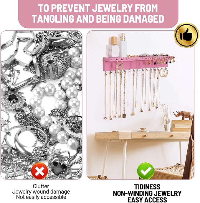 Necklace Holder Organizer Wall Mount,Jewelry Holder Organizer with 30 Hooks,Oak Jewelry Organizer and Storage for Necklaces,Bracelets and Rings (Pink)