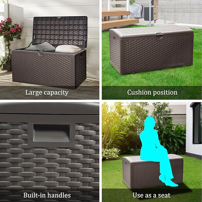 Outdoor Storage Box Waterproof, 90 Gallon Pro Lockable Resin Deck Box Large, Patio Storage Bin for Pool Accessories Cushion Furniture, Garden Tools, UV-Resistant Outside Delivery Brown