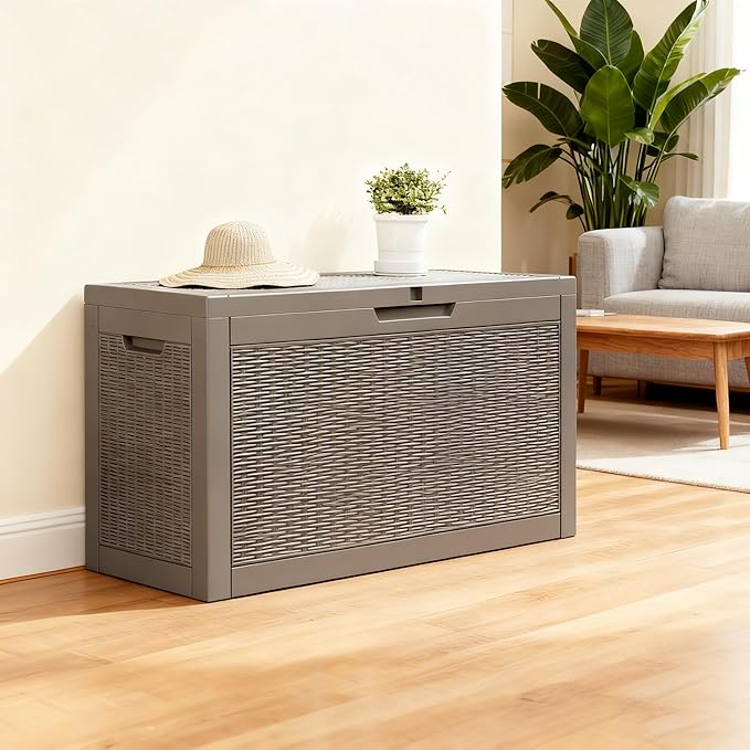 71 Gallon Outdoor Storage Box, Resin Deck Boxes Outdoor Waterproof For Patio Furniture, Garden Tools, Pool Supplies, Lockable And UV Resistant (Rattan Gray)
