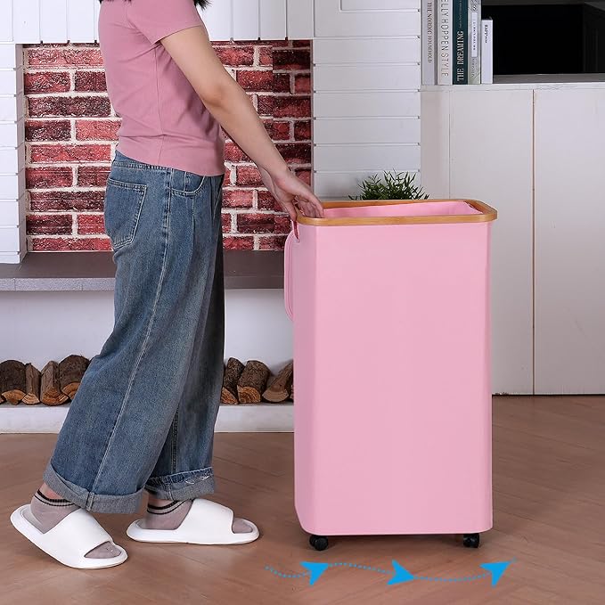 75L Laundry Basket with Wheels,Clothes Hamper for Laundry,Laundry Hamper with Lid and Inner Bag, for Laundry Room, Bedroom, Dormitory Storage,Pink