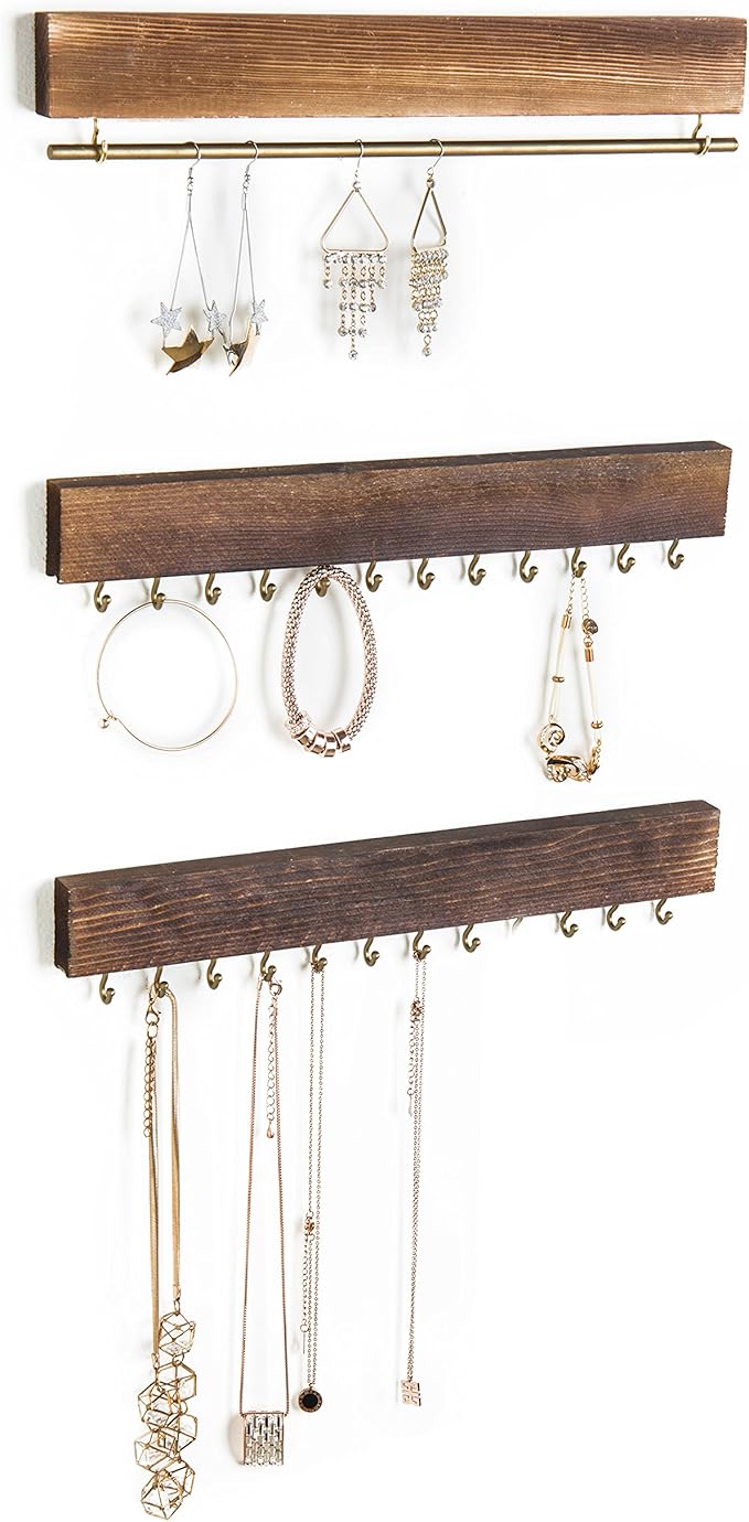 MyGift 3-Piece Wall Jewelry Organizer, Wall-Mounted Rustic Wood and Gold Tone Metal 24 Hook Necklace and Bracelet Storage Rack with Hanging Earring Bar