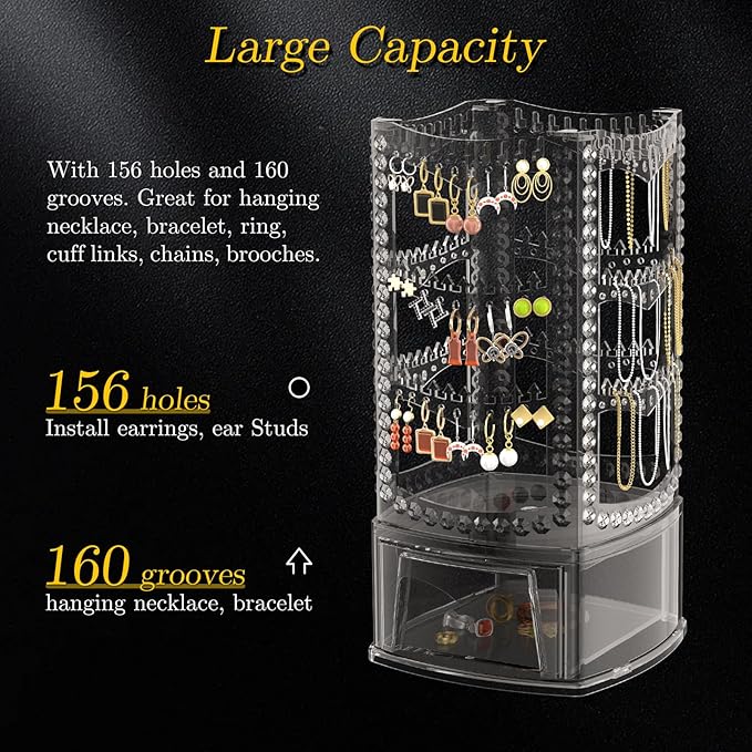 Hanging Jewelry Organizer with 10 Silver Polishing Cloths, Jewelry Holder with 156 Holes and 160 Grooves for Earring, Necklaces, Bracelet with Rotating Hanger, Easy Assembly (Gray)