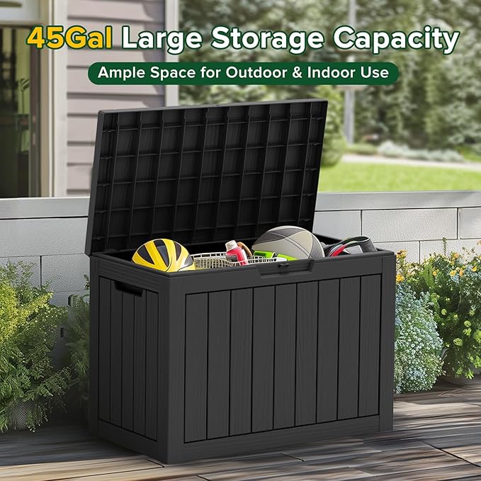 Outdoor Storage Box, 45 Gallon Resin Deck Box Waterproof for Patio, Poolside and Garden, Lockable UV-Resistant Storage Bin Bench Cabinet for Small Spaces, Black