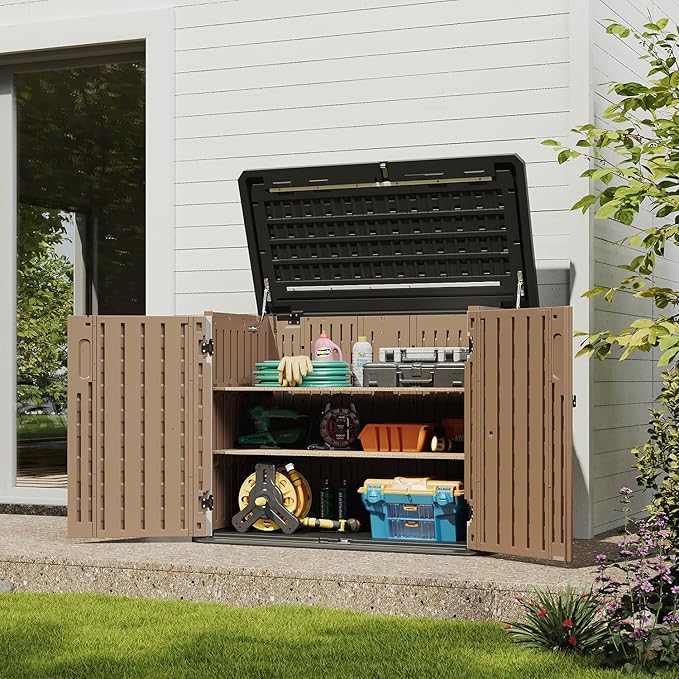Aoxun Outdoor Storage Cabinet 35 Cu.Ft Outdoor Trash Can Storage Shed Waterproof Horizontal Storage Shed Outdoor Storage for Garbage Bin, Generator, and Lawn Mower (Brown)