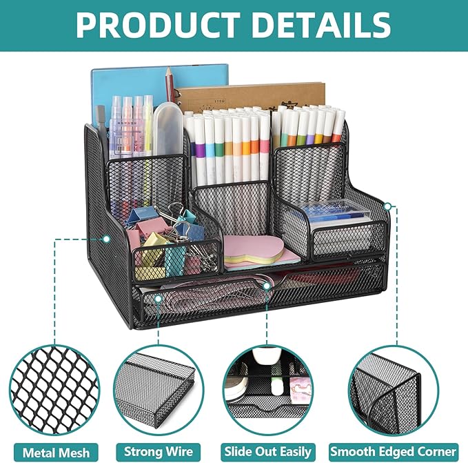 Black Mesh Desk Organizer Caddy and Accessories with 7 Compartments, Mesh Multifunctional Desktop Accessories Organizers Office Supplies Desktop Organizer for Home, Office