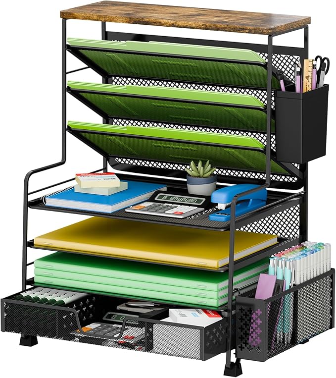 8 Tier Desk File Organizer with Sliding Drawer, Desktop Organizers and Accessories, Letter Size File Organizer for Desk, Black