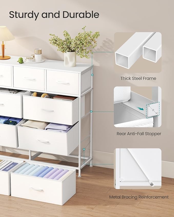 SONGMICS Dresser for Bedroom, Chest of Drawers, Steel, MDF, 9 Non-Woven Fabric Drawers, Storage Organizer Unit, Closet, Entryway, Cloud White and Snow White LGS324W01S