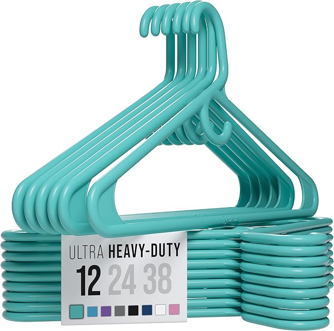 NEATERIZE Ultra Heavy Duty Plastic Clothes Hangers - Aqua - Durable Coat, Suit and Clothes Hanger. Perchas De Ropa (12 Pack - Aqua)
