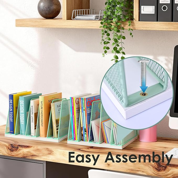 AUPSEN 5-Section Wooden Desktop File Organizer, File Sorter Storage Rack, Vertical File Holder for Office Supplies, Green