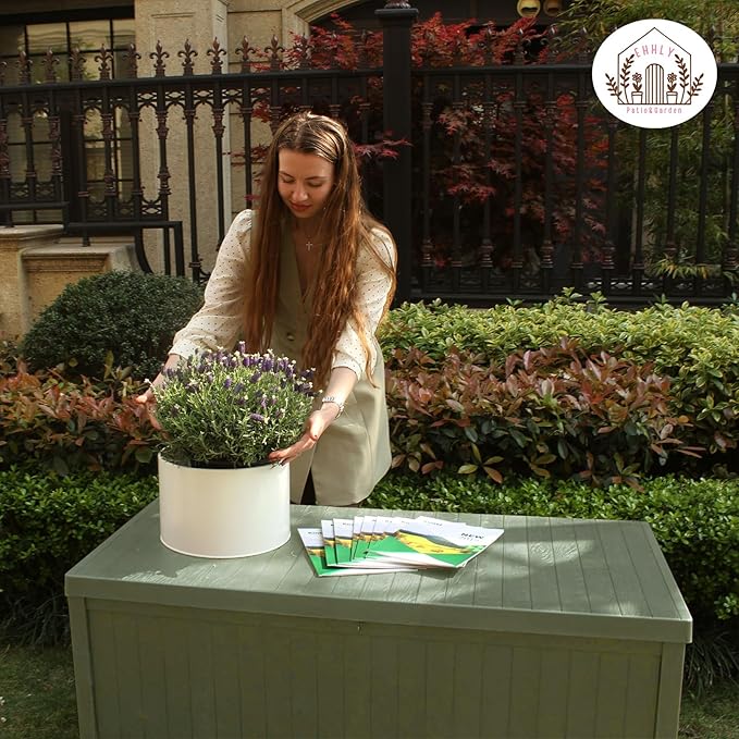 EHHLY 120 Gallon Outdoor Storage Box, Lockable Outside Storage Box Waterproof, Patio Cushions Deck Storage Boxes, Rattan Plastic Garden Hose Containers Resin Pool Storage Bins with lids, Sage Green