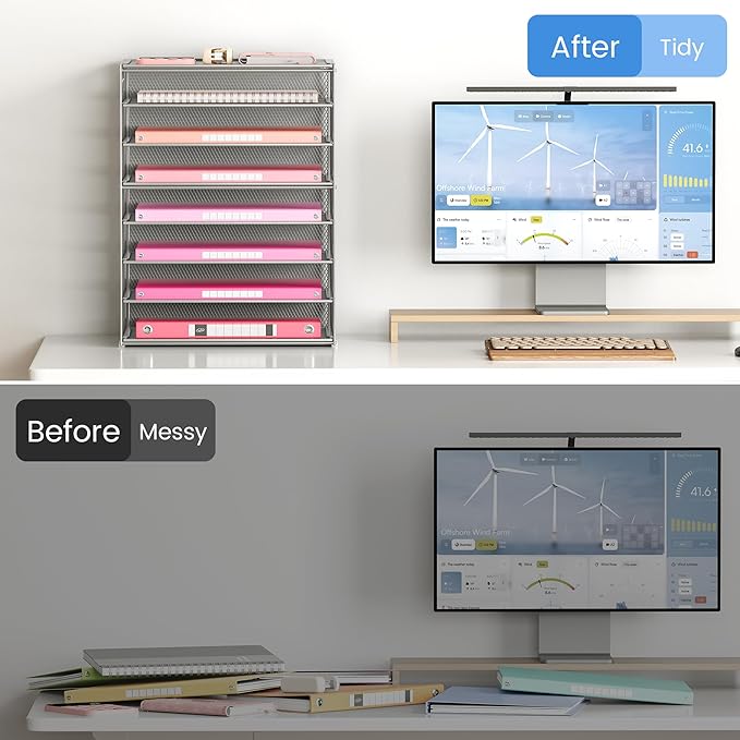 Lavatino 8-Tier Office Desk File Organizer, Letter Tray Paper Organizer with Handle, Including 5 Adjustable Slide Trays for Organizing Desktop Workspace Accessories and Supplies (Silver Metal Mesh)