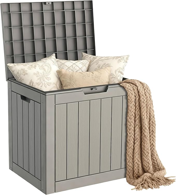 Mars Villa 31 Gallon Deck Box, Waterproof Weatherproof and UV Resistant Resin Storage Bin with Lockable Lid, for Outdoor Patio Furniture Cushions, Pool Supplies, Garden Tools, Greige