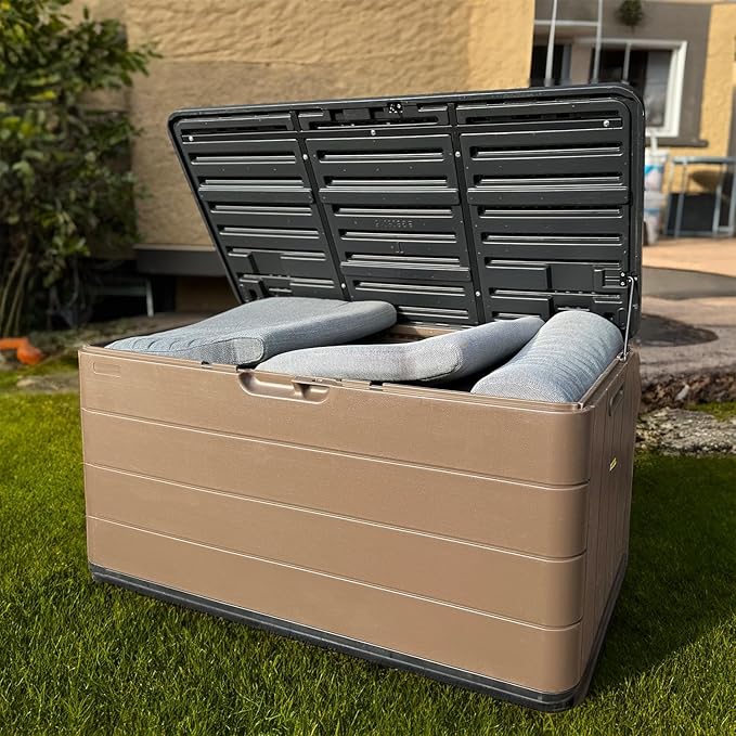 Outdoor Storage Deck Box Waterproof, 100 Gal Pro Large Lockable Patio Storage Bin Chest, Resin Outside Container Seat Bench for Furniture Cushions, Pool Accessories, Garden Tools & Delivery, Brown