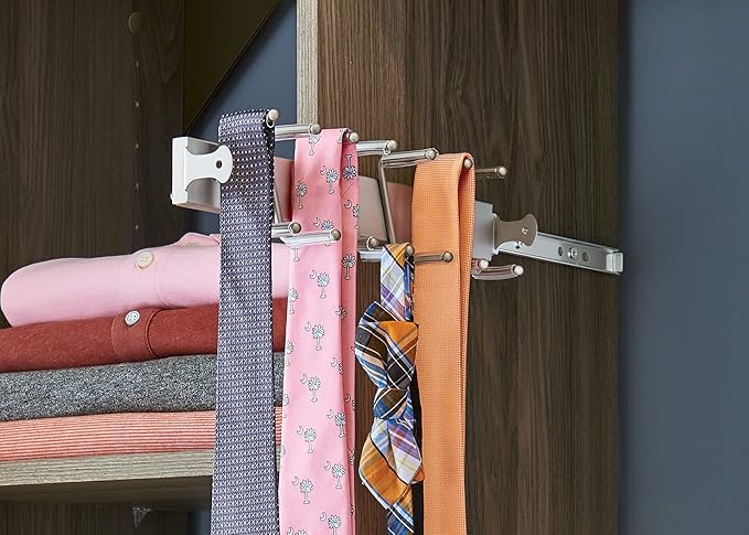 ClosetMaid SuiteSymphony Tie, Belt or Jewelry Rack, Sliding Slide Out Closet Organizer, 14 Hooks, Wall Mount or Add On Accessory, Satin Nickel