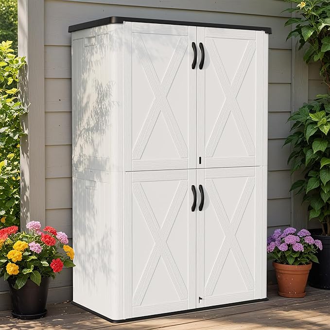 Greesum Outdoor Storage Cabinet, 50 CUFT Deck Box Without Shelves, Waterproof Plastic Storage Shed for Patio Cushions, Gardening Tools, Lockable and Sidehandles, UV Resistant, White