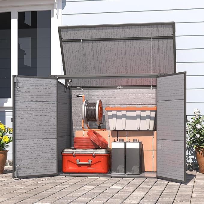 U-MAX Resin Outdoor Trash Can Storage Shed with Reinforced Floor, Plastic Garbage Can Shed for 2x64 Gal Cans, Waterproof Outdoor Horizontal Storage Box Cabinet Sheds & Outdoor Storage Clearance