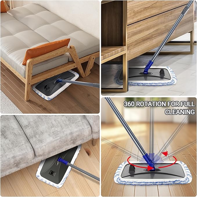 Masthome Extra Large Microfiber Mop for Floor Cleaning, 16“ Flat Mop with 5 Pad for Wet & Dry Use, Dust Mop for Hardwood Laminate Tile Ceramic, 1 Cleaning Scraper Included-Blue