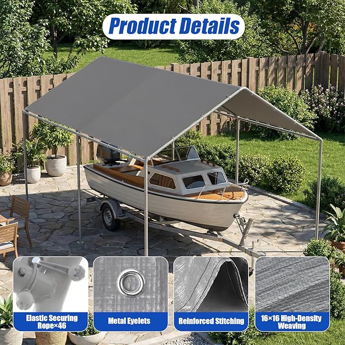 10x20Ft Carport Replacement Canopy Cover, Heavy Duty Waterproof Garage Top Shelter Cover Car Canopy with Ball Bungees (Gray, 10 * 20ft)