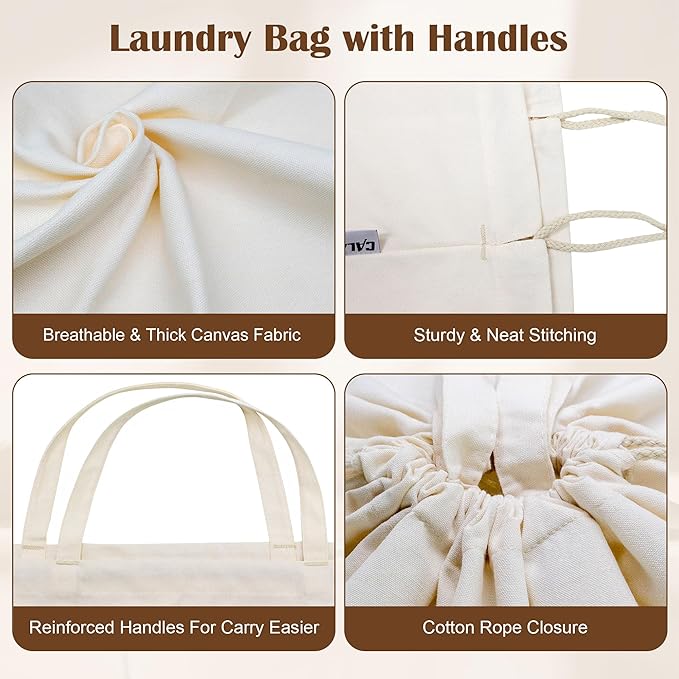 Canvas Laundry Bag 33"Wx 35"H, Thick Canvas Laundry Bag with Handles & Drawstring, Extra Large Heavy Duty Washable Basket Liner Hamper Liner Storage Sack (Beige XL, 2 Pack)