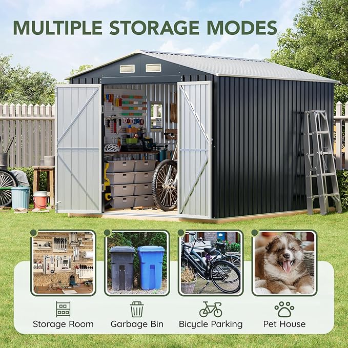 Breezz 10X8FT Outdoor Steel Storage Shed with Clear Window, Lockable Doors, Weather-Resistant Metal Tool Shed for Garden, Backyard, Patio, and Utility Storage