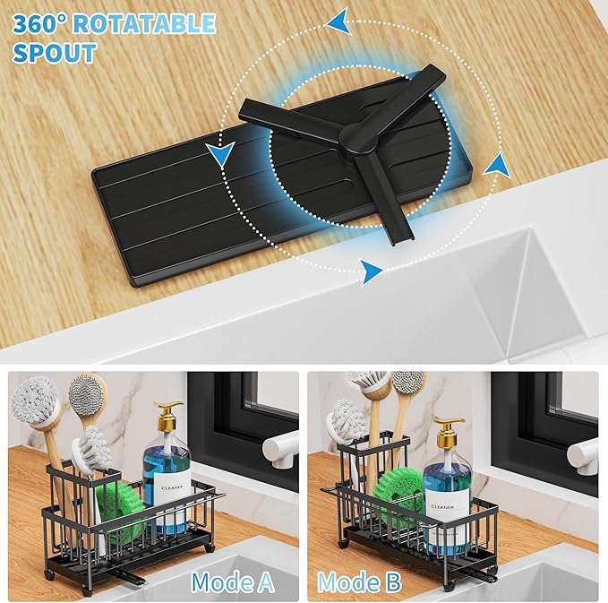 Cisily Sponge Holder for Kitchen Sink, Sink Caddy Organizer with High Brush Holder, Kitchen Countertop Organizers and Storage Essentials, Rustproof 304 Stainless Steel (Black With Towel Rack, 9.25″)