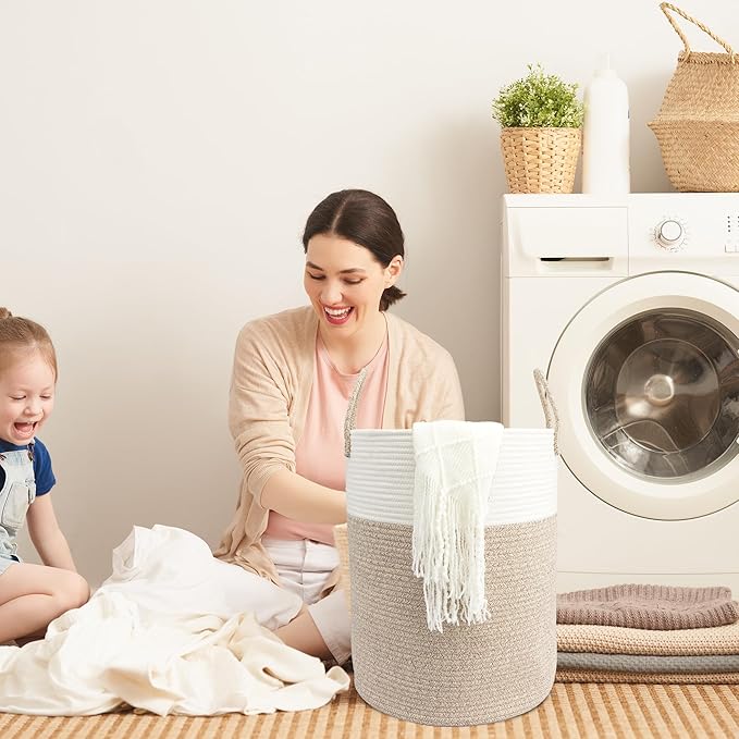 Woven Cotton Rope Laundry basket-15”X20” Laundry Hamper-Rope Storage Basket for Dirty Clothes, Toys and Blankets Perfect for Bathroom, Baby nursery and Living Room Storage (white and brown)