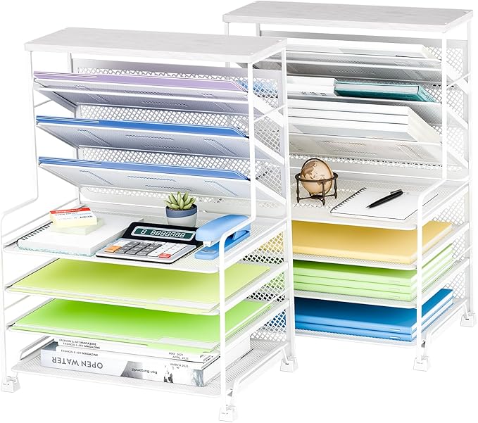 Simple Trending 7 Tier Desk File Organizer, 2 Pack Letter Tray Paper Organizer, Mesh Desk Accessories File Folder for Office, Home or School, White
