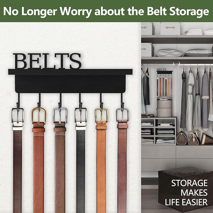 Belt Hanger Organizer for Closet, Wall Mount Belt Rack, Wooden Belt and Tie Organizer for Stores and Displays Mens Accessories (Length 9.8”) Black-Belts