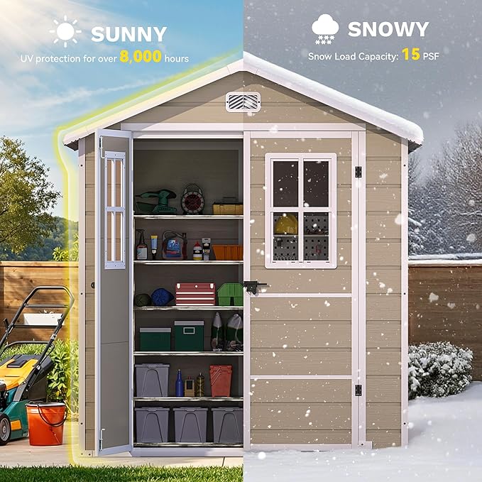 DWVO 6x4.4ft Outdoor Storage Shed, Plastic Garden Tool Shed with 2 Vision Windows, Double-Wall Outside Shed for Mower Lawn, Garden Tool for Backyard Lawn Patio, Lockable, Beige