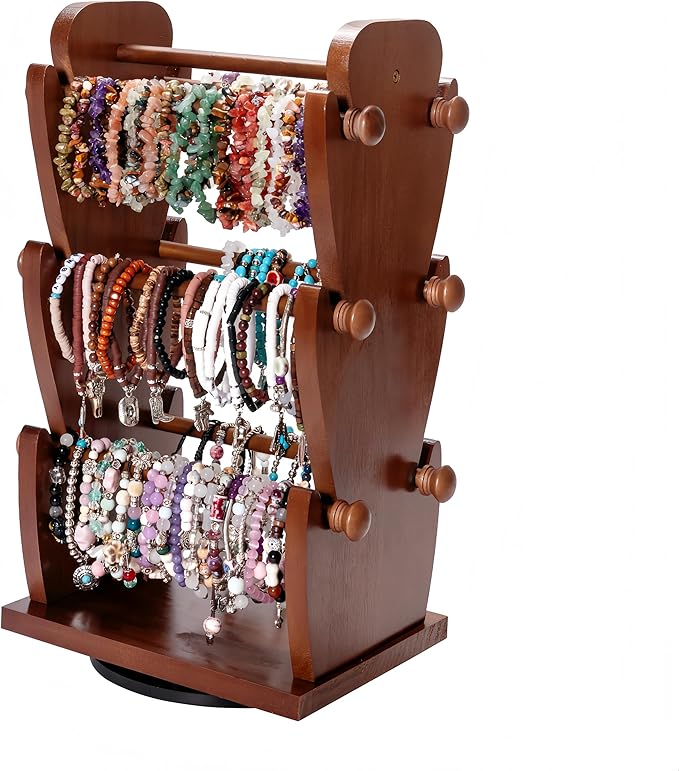 Two-Sided Rotating Wooden Jewelry Bracelet Holder Display Stand with 6 Removable Holders - 3 Tier Bar Bangle Organizer Perfect for Organizing and Showcasing Bracelets, Watches, and Accessories