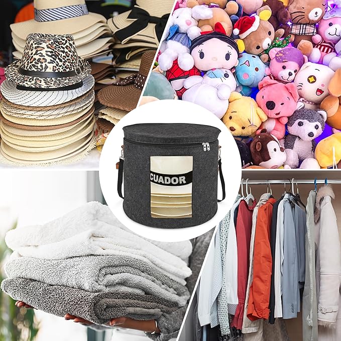 Large Hat Storage Box for Women & Men, 19" D x 17" H Oversized Hat Box Organizer，Foldable Round Travel Hat Boxes with Dustproof Lid, Stuffed Toy Storage Bin Bag (Dark Gray)