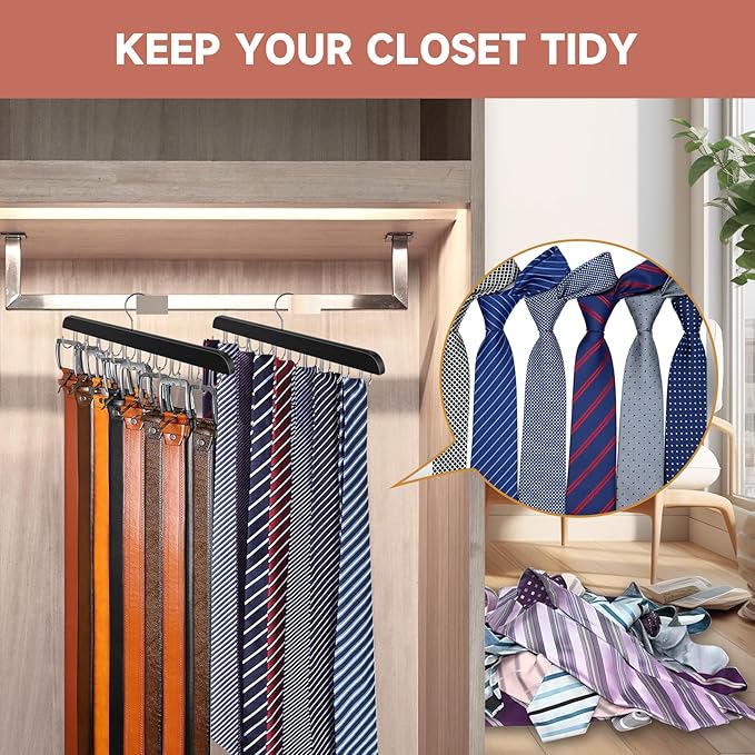 Belt Hanger for Closet, Holds Max 60 Belts, Wooden 20 Hooks Belt Organizer Wardrobe Accessory, 360° Rotatable Belt Storage Hanger Rack Space Saver for Belt, Bra, Tank Top, Tie, Scarf (2)