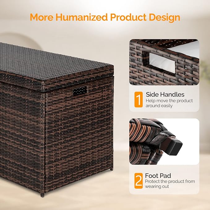 VINGLI Outdoor Wicker Storage Box, 132 Gallon Patio Rattan Deck Box, Wicker Storage Bench for Indoor, Outdoor, Pool, Balcony, Yard, Garden – Dark Brown